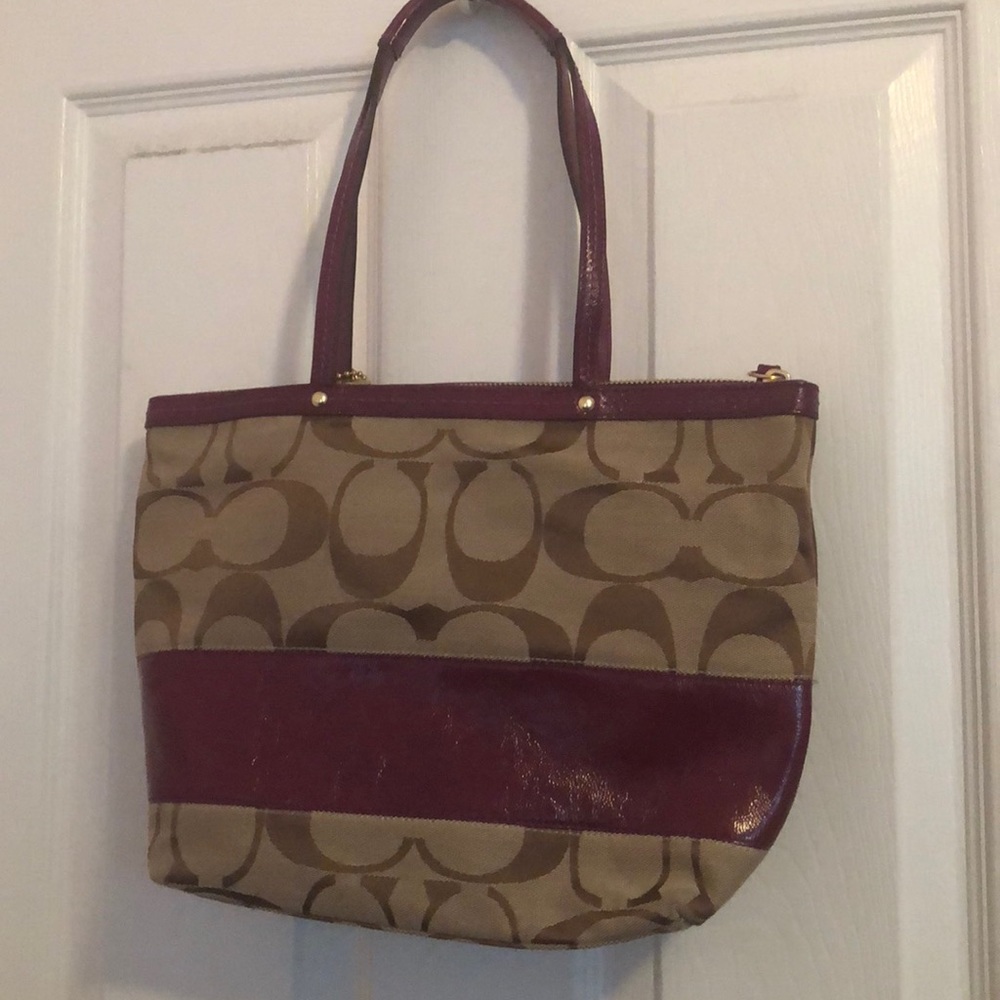 Raspberry Patent Leather Striped Coach Tote
